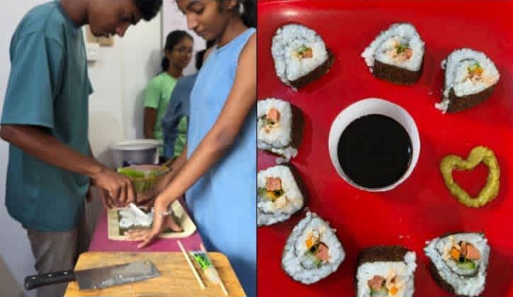 Students preparing sushi together at Sushi Day
